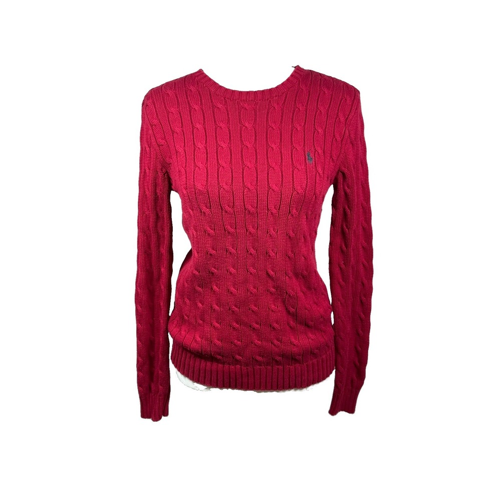 Ralph Lauren Sport Women's M Red Cable Knit Cotton Crewneck Sweater Pony Logo